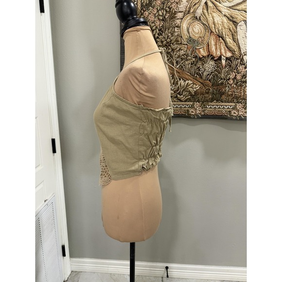 Halter Tank Top Womens Small Beige Crochet Lace Linen Blend Cropped Boho - Picture 2 of 9